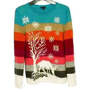 Talbots Sweater Medium Petite MP Mohair Lambswool Blend Stripe Deer Winter Scene